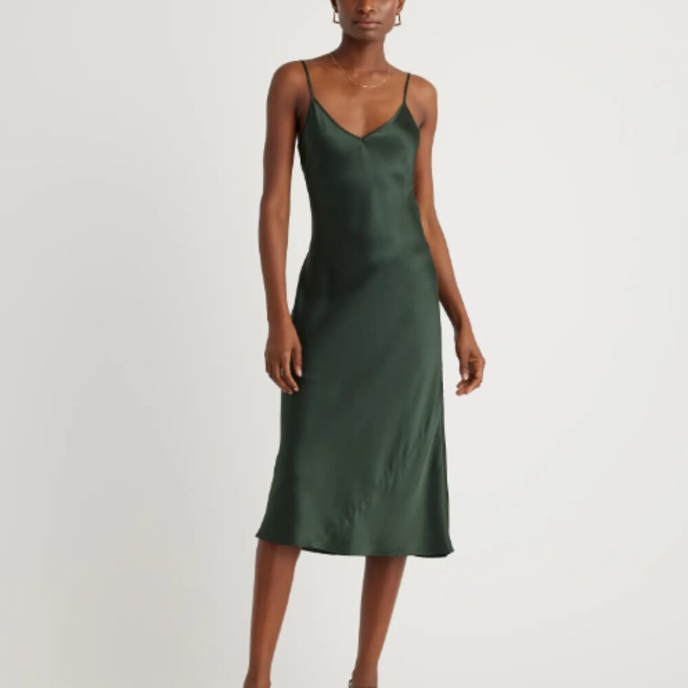 Quince Silk Slip Dress - Forest Green, Size M